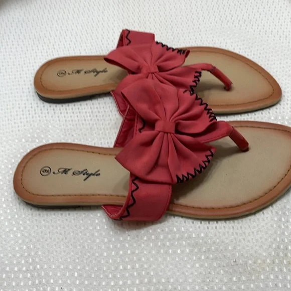 M Style Deep Salmon Fabric Bow Flat Sandals Size 9 - Picture 3 of 5
